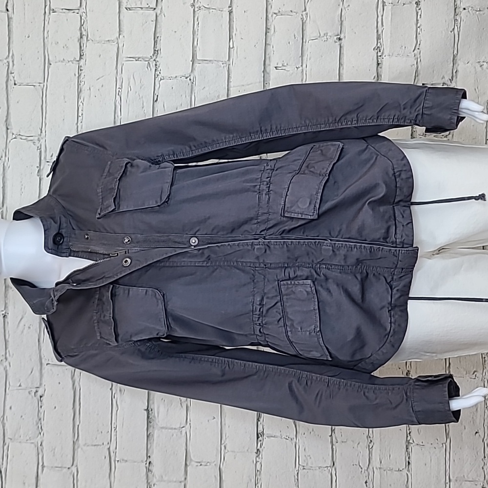 Ann Taylor Loft Waist Cinch Peplum Zip/Snap Military/Safari/Utility Jacket Gray